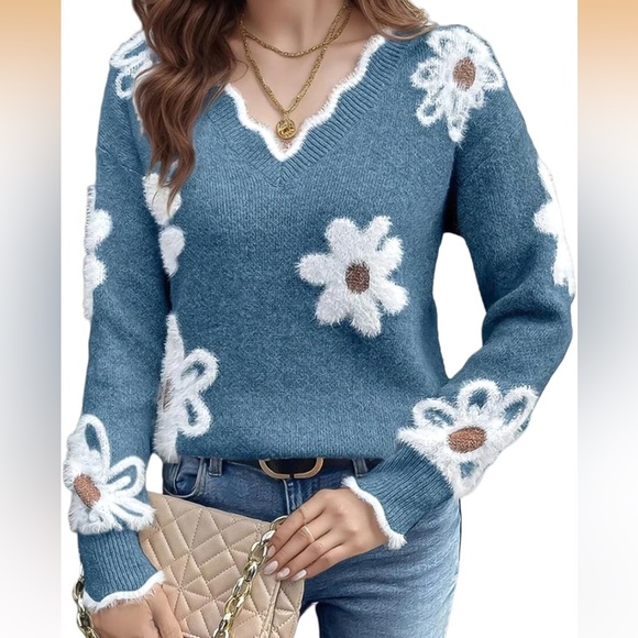 Blue Floral Fuzzy V-Neck Sweater - Picture 6 of 6